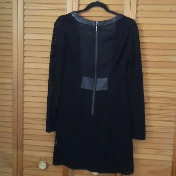 Nanette Lepore Black Leather Silk Cut Outs Long Sleeve Zipper Sheath Dress Size2 - Picture 2 of 7